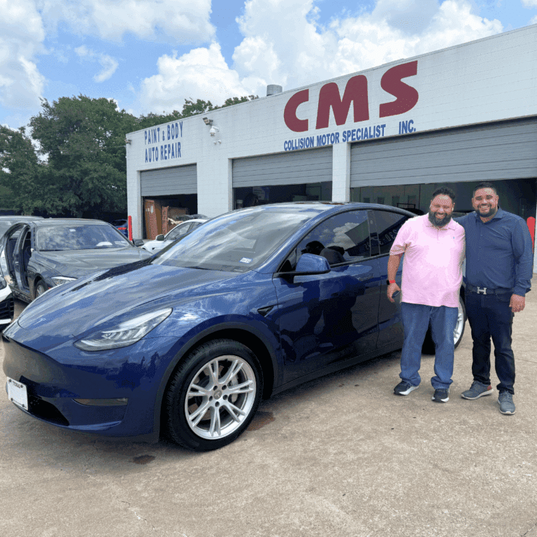 blue tesla model y repaired with happy client at CMS auto shop in Houston (1)